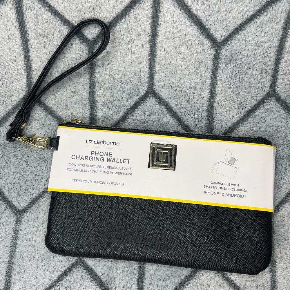Liz Claiborne Black Faux Leather Phone Portable Charger Wallet Wristlet W